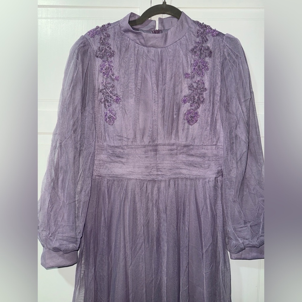 Lavender Long-Sleeve Maxi Dress with Sheer Overlay like size 12 Size 44 - Picture 3 of 11